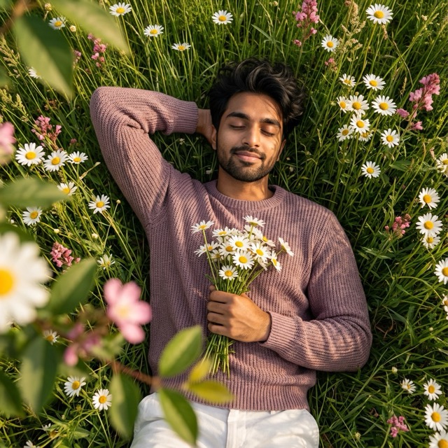Serene Man in Wildflower Meadow
