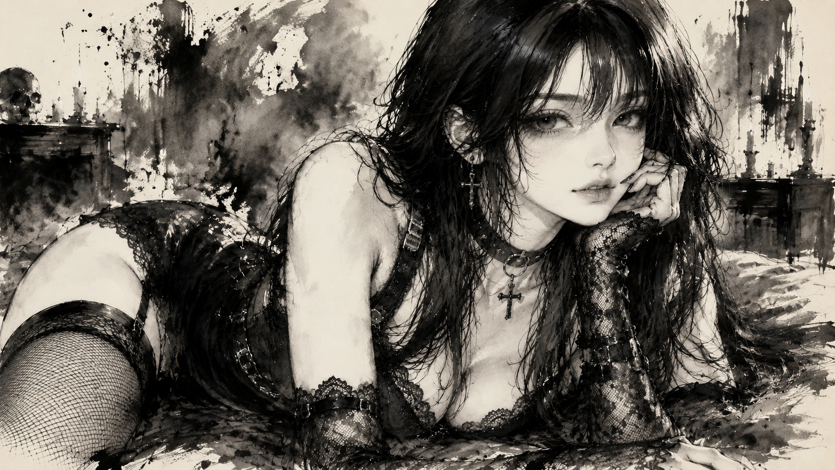 Monochrome Ink-Wash and Charcoal Character Illustration