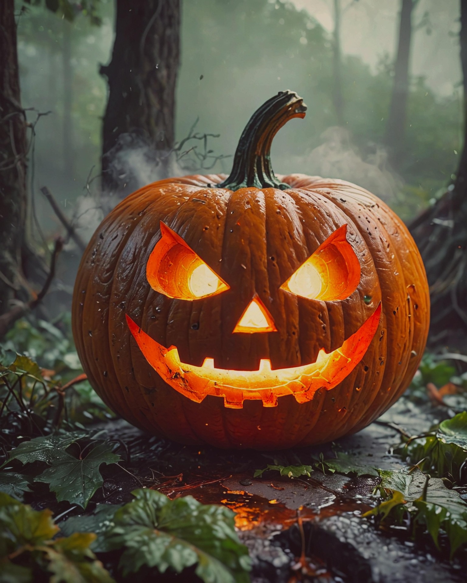 Cinematic Menacing Jack-o'-lantern in Misty Forest