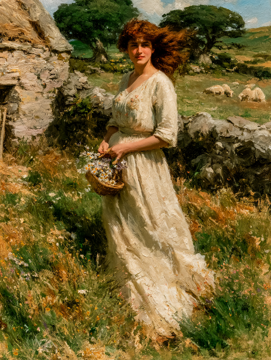19th-Century Pastoral Maiden Oil Painting