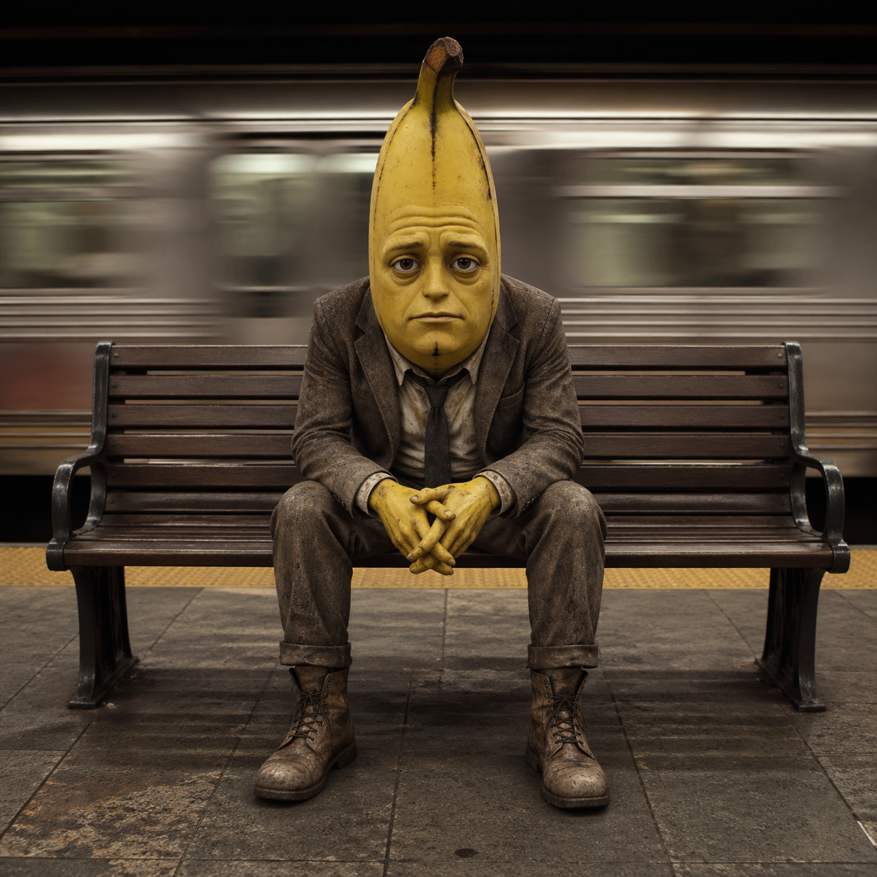A cinematic portrait of a banana man sitting alone on a subway platform bench, centered in the frame, looking directly a
