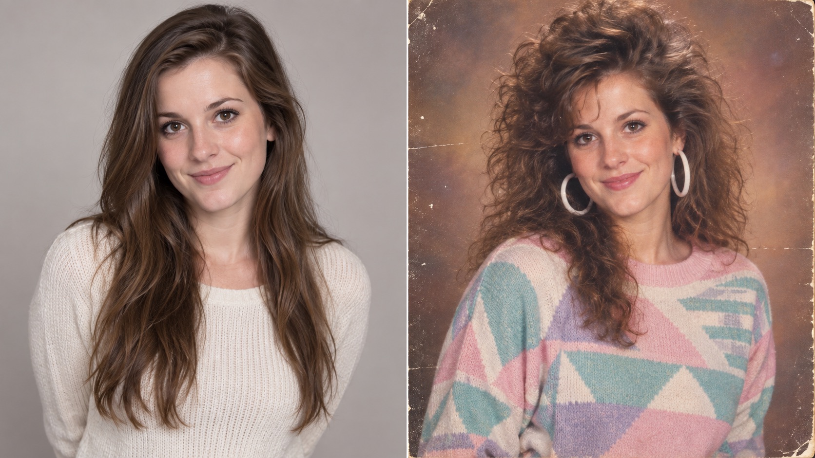 Before-and-after 1980s AI portrait showing a modern reference photo transformed with voluminous hair, a pastel geometric sweater, statement earrings, and vintage film texture