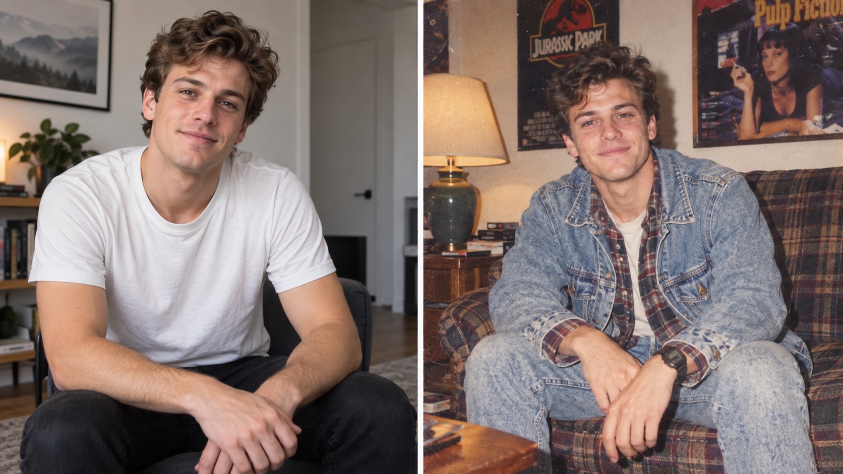 Before-and-after 1990s AI photo showing a modern portrait transformed into a casual denim snapshot with direct flash and retro room decor