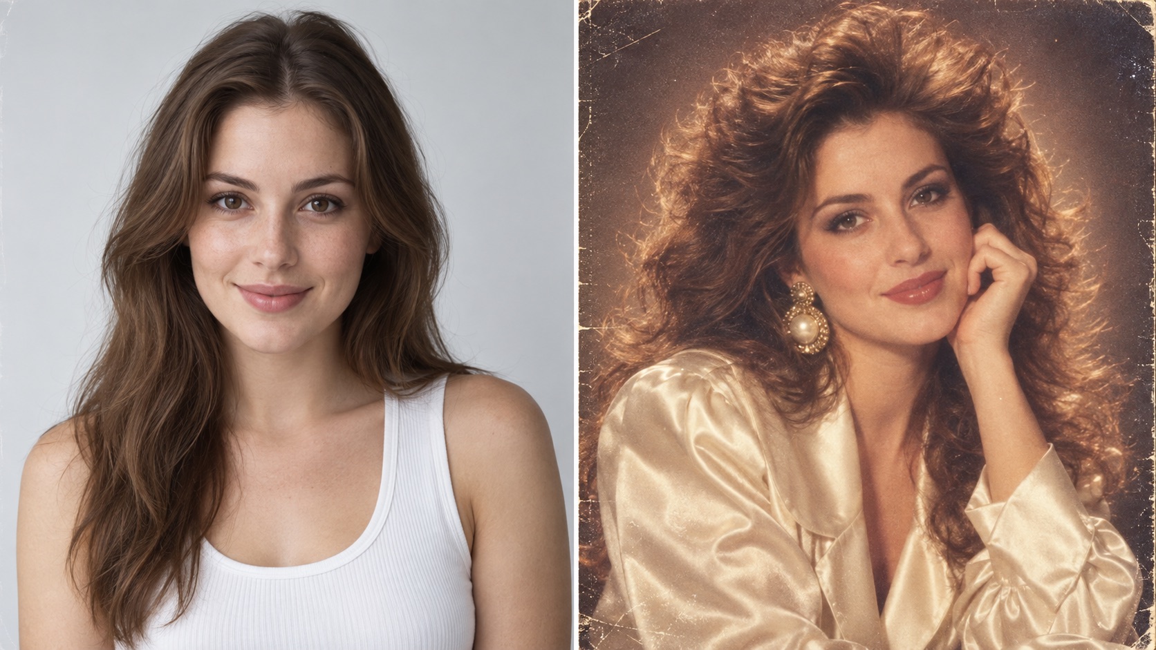 Before-and-after retro glamour portrait showing a clean modern photo transformed with dramatic voluminous hair, satin clothing, statement earrings, warm studio lighting, and aged analog print texture