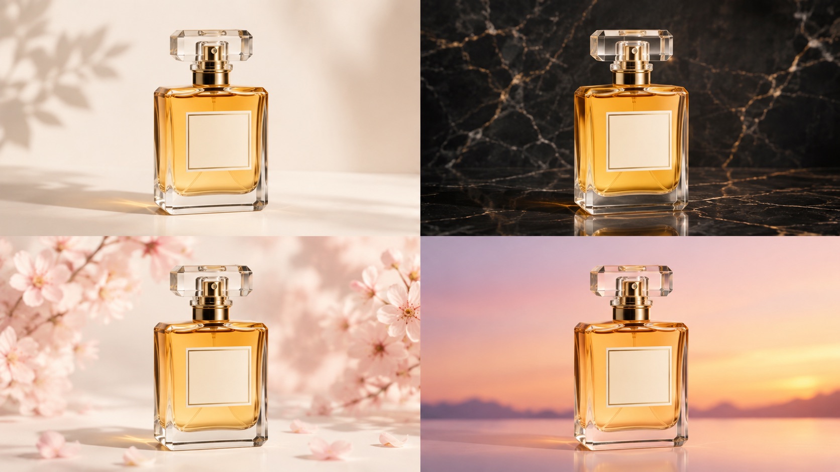 Same GPT Image 2 perfume bottle reused across four different advertising backgrounds