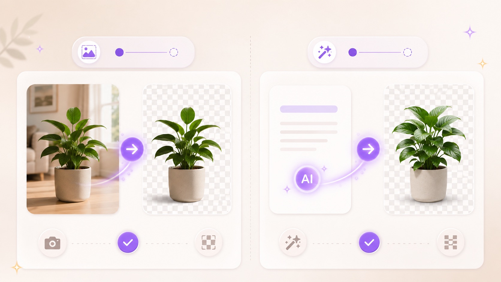 Background removal workflow compared with native transparent generation using a potted plant