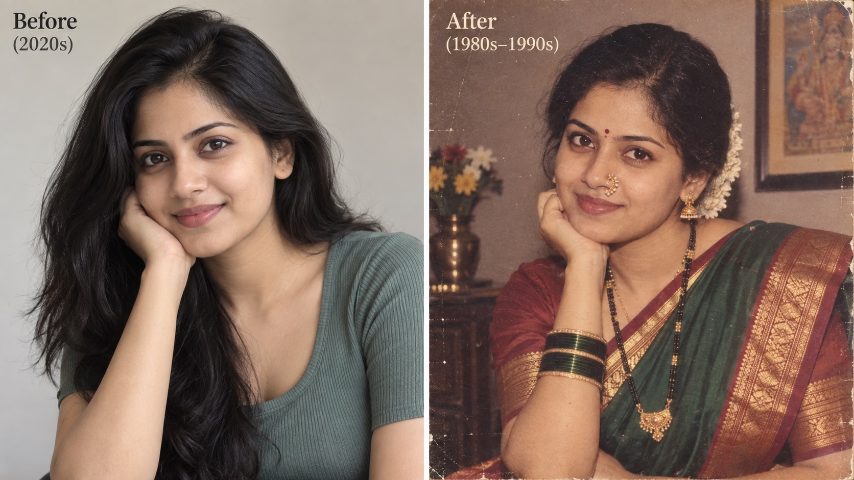 Before-and-after Maharashtra-inspired retro portrait showing a modern woman transformed into a late-1980s to early-1990s traditional portrait with a saree, jasmine flowers, traditional jewelry, and faded printed-photo texture.