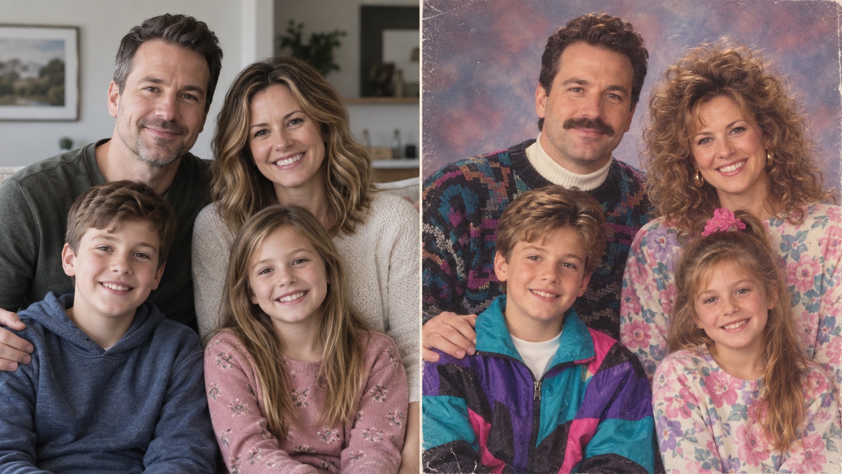 Before-and-after family portrait showing the same family transformed from a modern photo into a late-1980s or early-1990s studio portrait with retro sweaters, hairstyles, and analog print texture