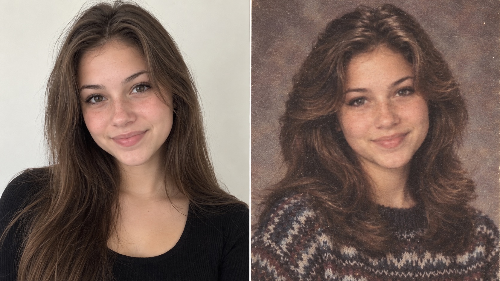 Before-and-after 1990s school yearbook portrait showing a modern reference photo transformed with feathered hair, a patterned sweater, mottled backdrop, and faded print texture