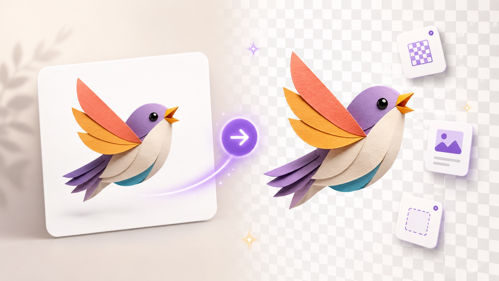 Colorful paper bird converted into a transparent background asset with GPT Image 2