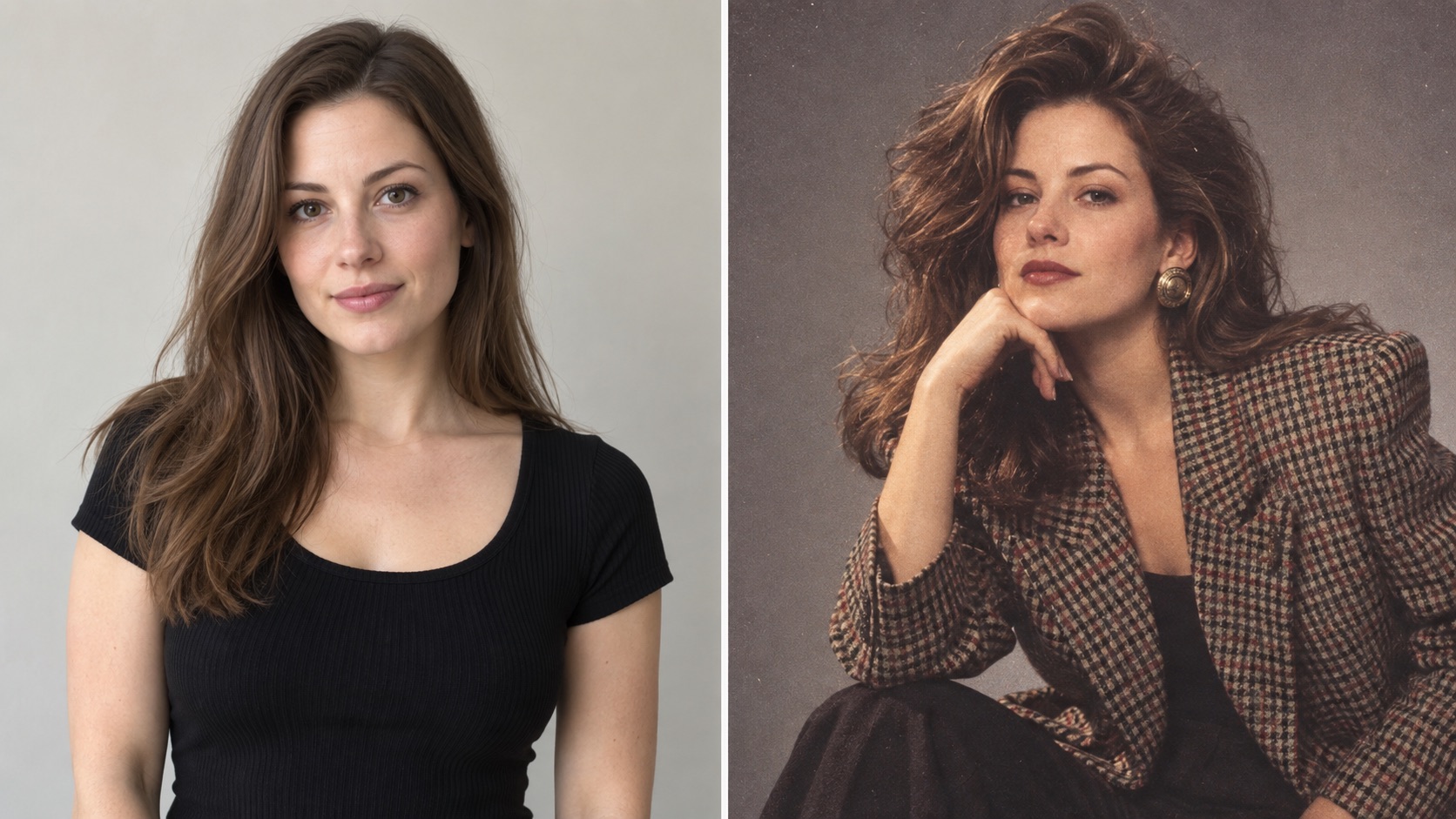 Before-and-after 1990s studio fashion portrait showing a modern subject transformed with voluminous hair, an oversized blazer, statement earrings, and analog film styling